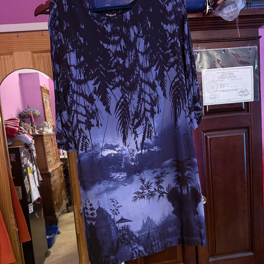 Desigual Sheath Dress Size 46 XL Blue Scenic Print Lined Viscose Made in Spain